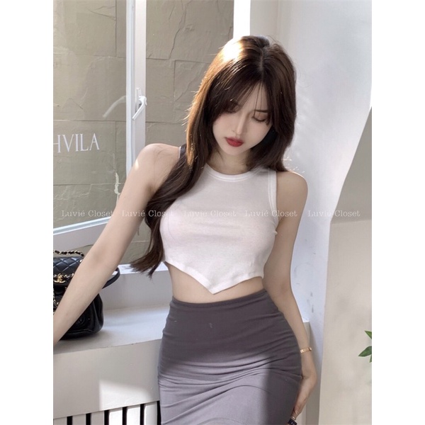 Áo croptop ba lỗ tà vạt nhọn sát nách không tay tank top ôm body co giãn, phong cách mùa hè năng động