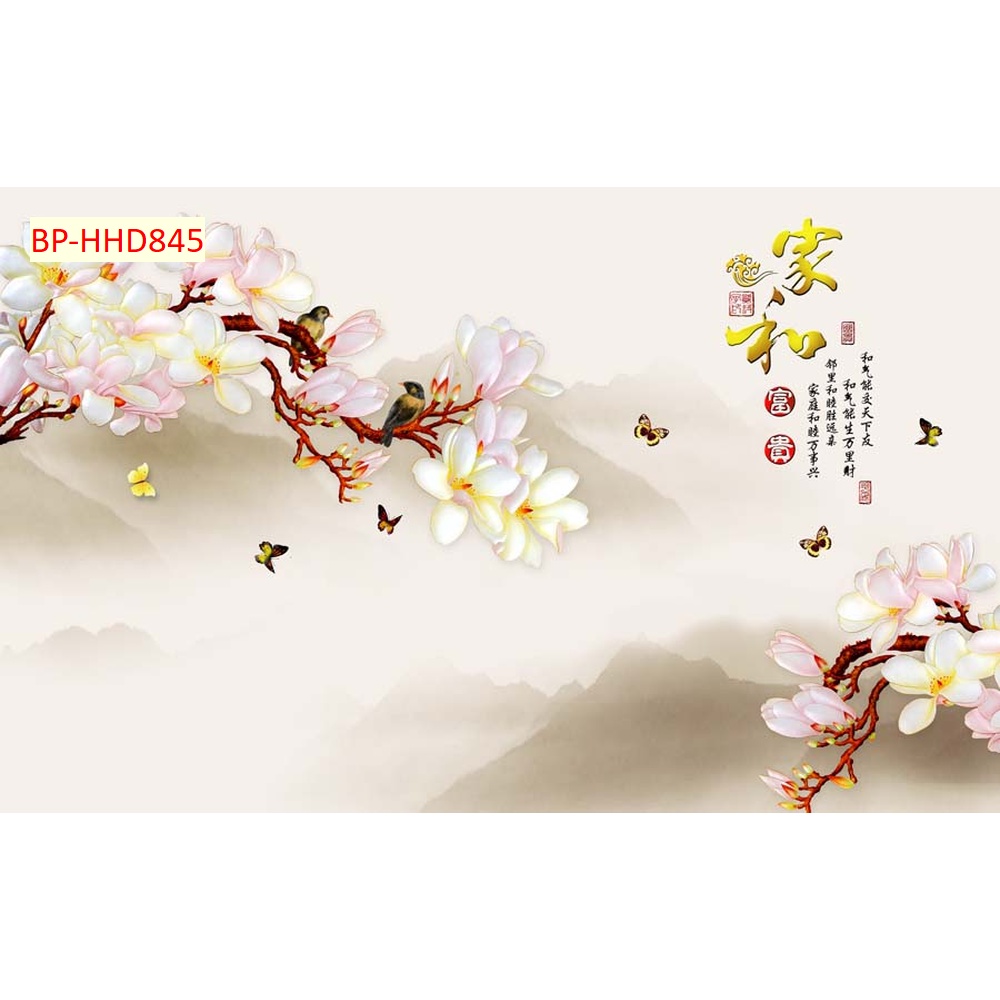 Tranh hoa mộc lan dán tường vải lụa 3d siêu bền đẹp không phai màu, chống thấm nước