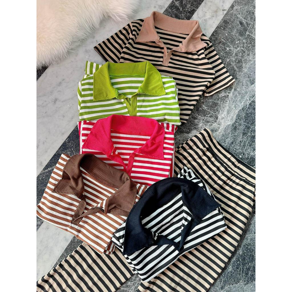 Đồ bộ nữ, set đồ bộ quần ống loe đai cao có túi và áo croptop ngắn tay cổ bẻ thun gân borip, quần áo nữ, đồ mặc nhà