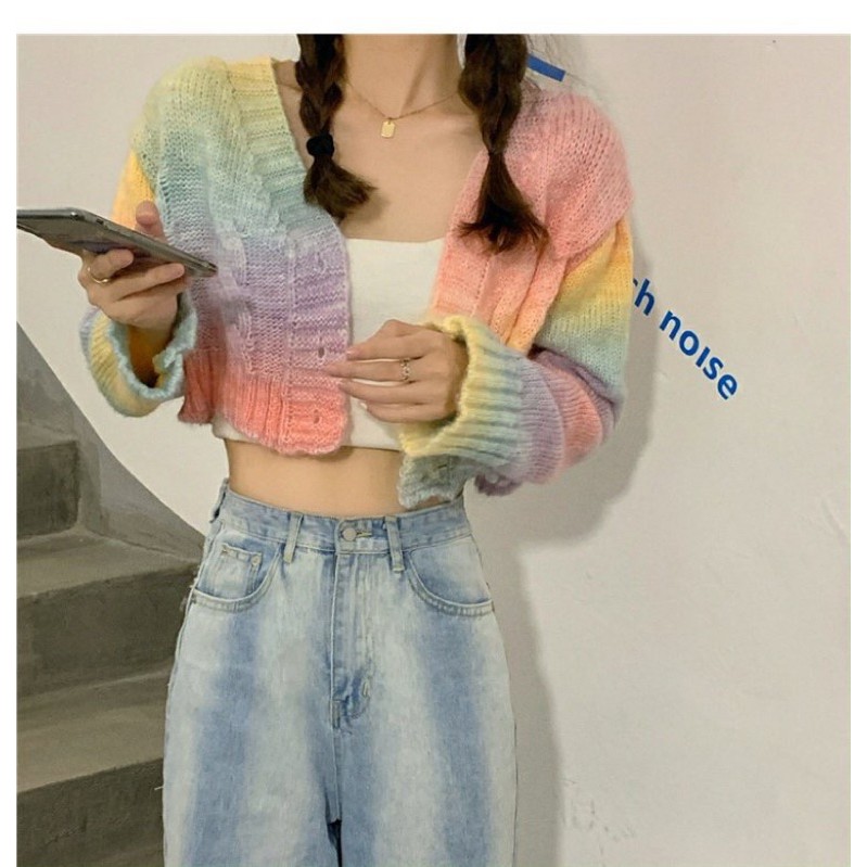 JISOO BLACKPINK Áo croptop len tay dài màu rainbow cầu vồng phong cách ulzzang SAM SAM BOUTIQUE | BigBuy360 - bigbuy360.vn