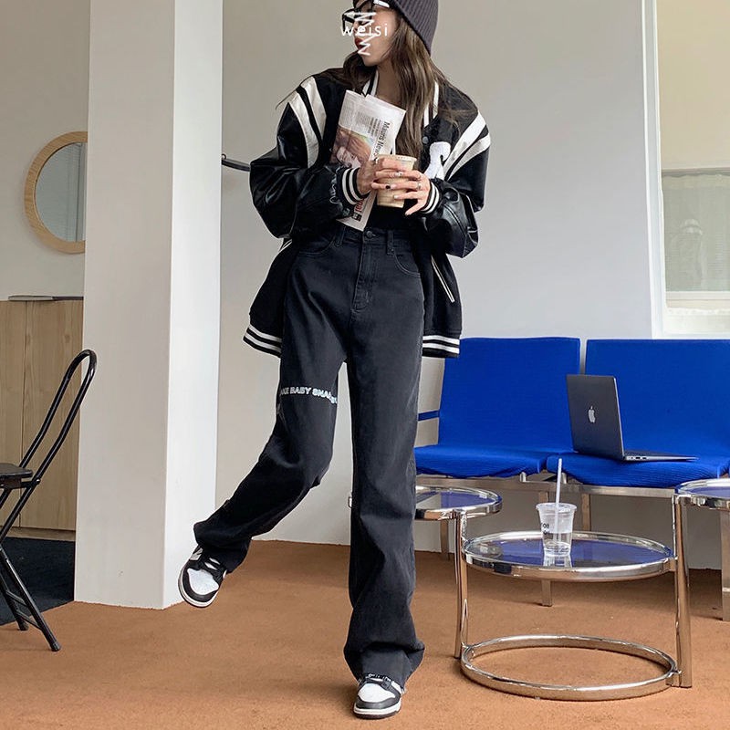 Quần jeans nữ ống rộng lưng cao màu đen 2021