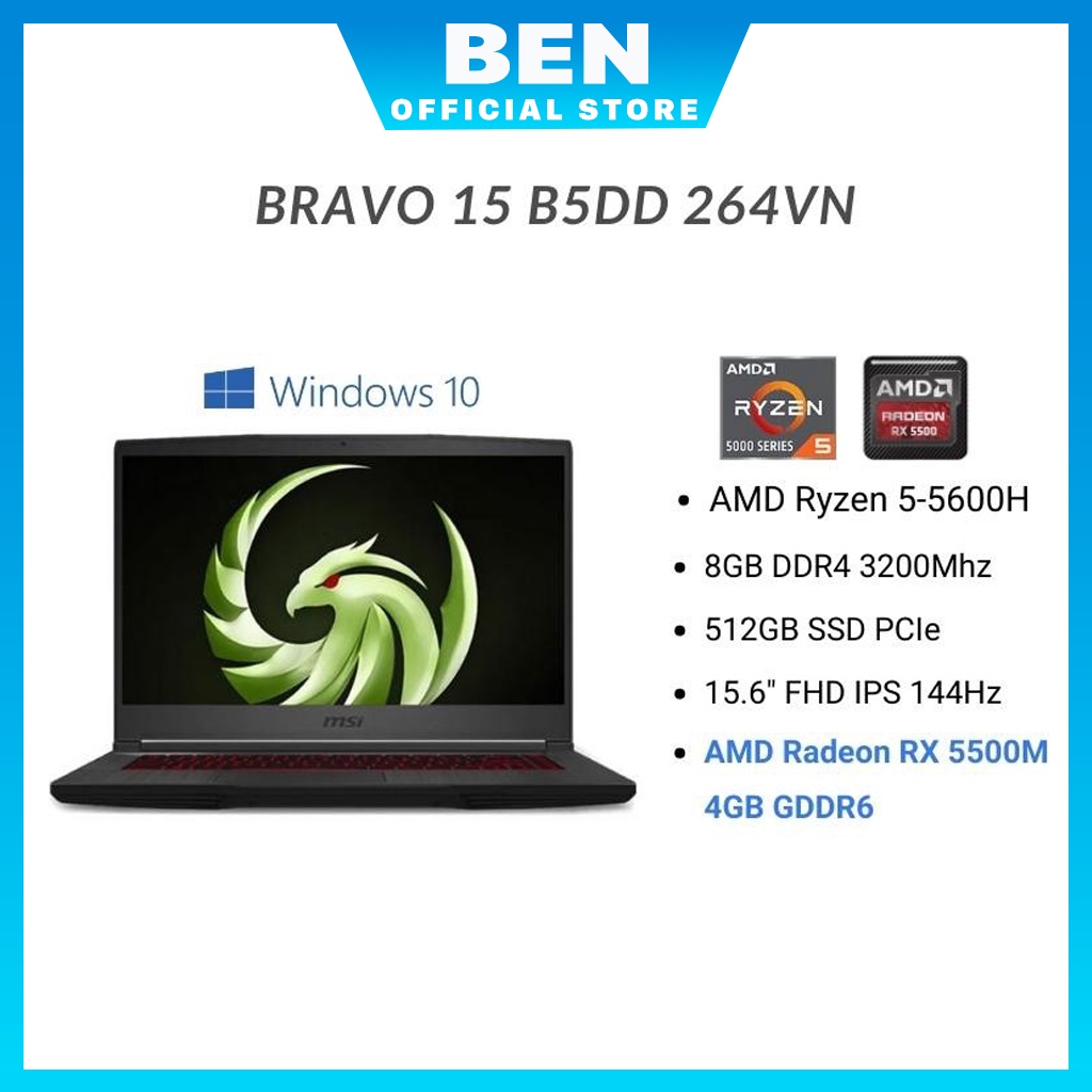 Máy tính Laptop MSI Bravo 15 B5DD-264VN (Ryzen7 5800H/512GB SSD/8GB/RX5500M 4GB/15.6&quot;FHD/WIN 11)