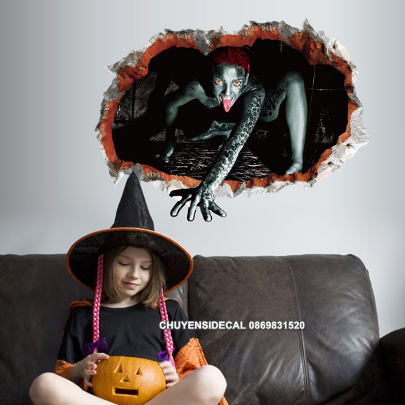 Decal dán tường Halloween - Cửa sổ 3D yêu tinh