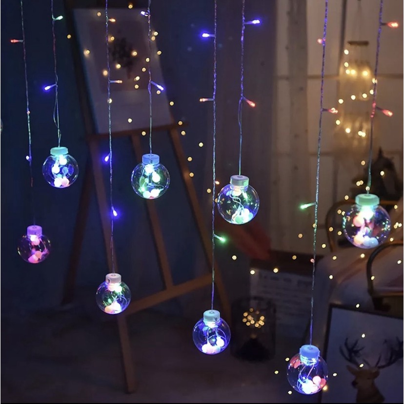 Rèm Banh Đèn Led 12 Sợi Thả Dài 3 Mét Bóng Tròn Cherry Ball Trang Trí Ngoài Trời Quán Cafe Ban Công Sân Vườn