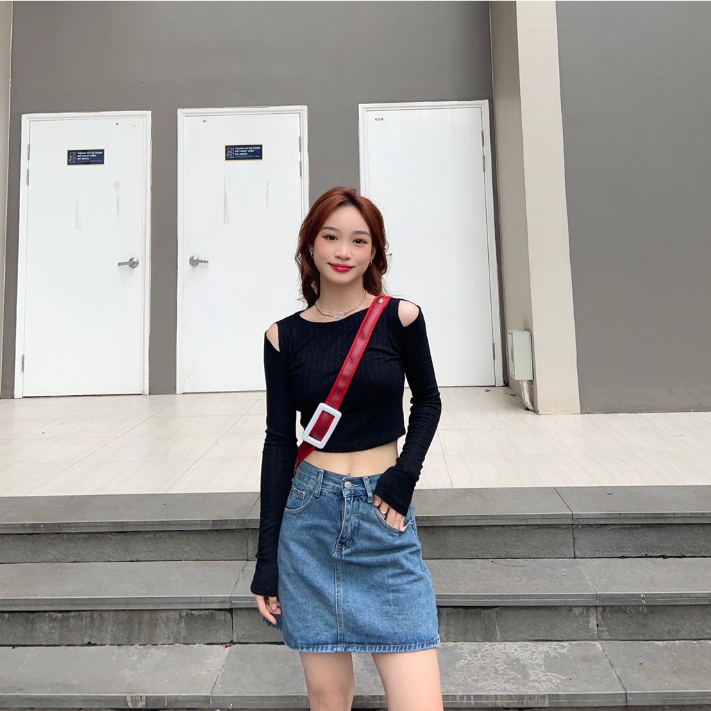SS0325 Áo croptop nữ chất vải len mềm mỏng kiểu cut out 2 vai