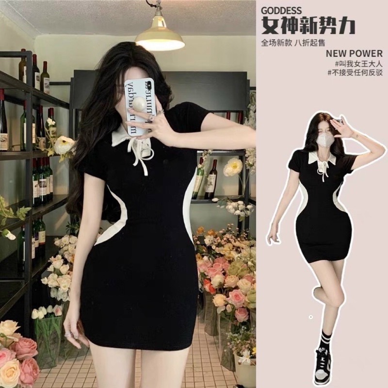 Đầm thun đen body ngắn có cổ phối màu Kem xám Đầm váy đi chơi dạo phố du lịch năng động cá tính đơn giản tôn dáng