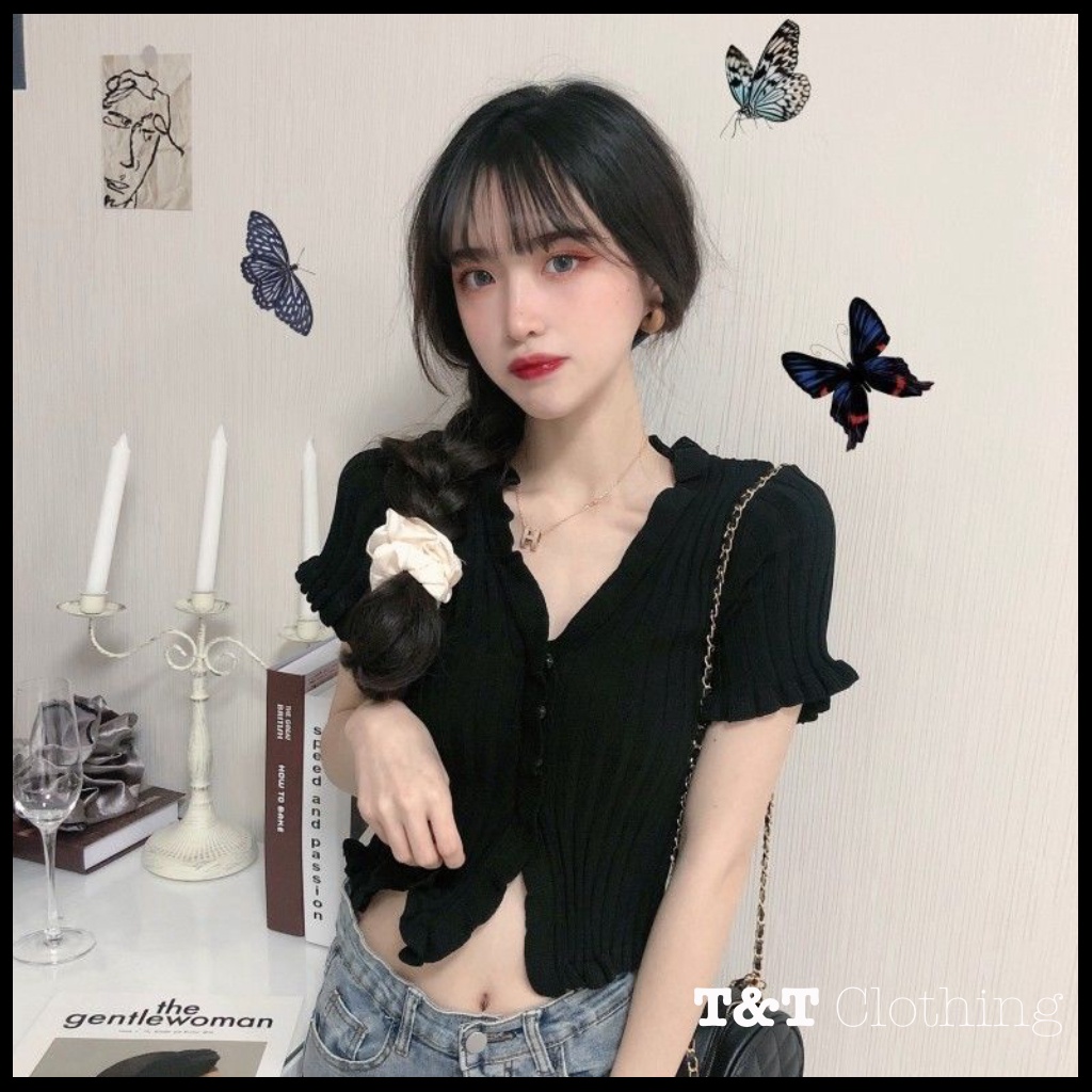 ÁO CROPTOP NỮ GÂN BÈO NÚT BỌC | áo kiểu nữ - áo thun 💃By 23t.shop | BigBuy360 - bigbuy360.vn