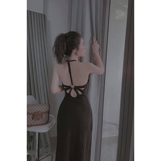 Đầm Thun Hai Dây Hở Lưng Khoen Khoét Hình Bông Hoa Sexy - Dáng Dài Maxi - Form Xòe Nữ Tính Xinh Xắn - Chất Thun Gân