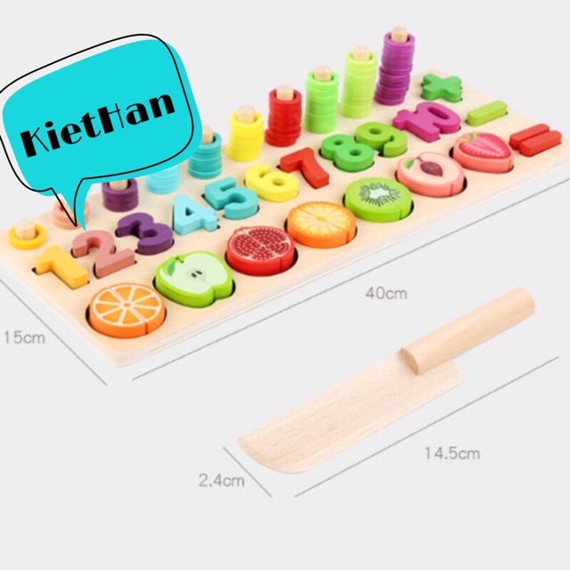 Bộ bảng bằng gỗ học đếm số, tính khối cột và cắt hoa quả