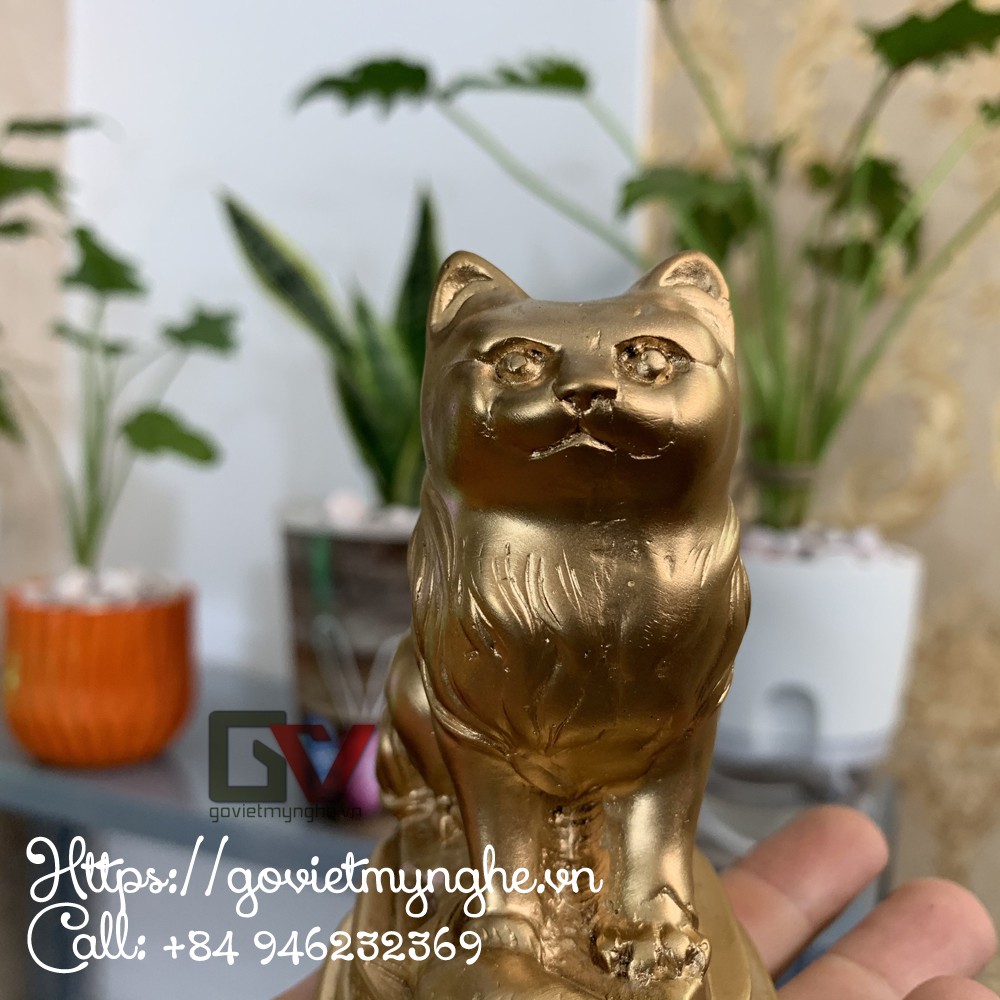 Tượng đá con Mèo cát tường trang trí phong thủy bàn làm việc - Cao 10cm - Màu nhũ đồng