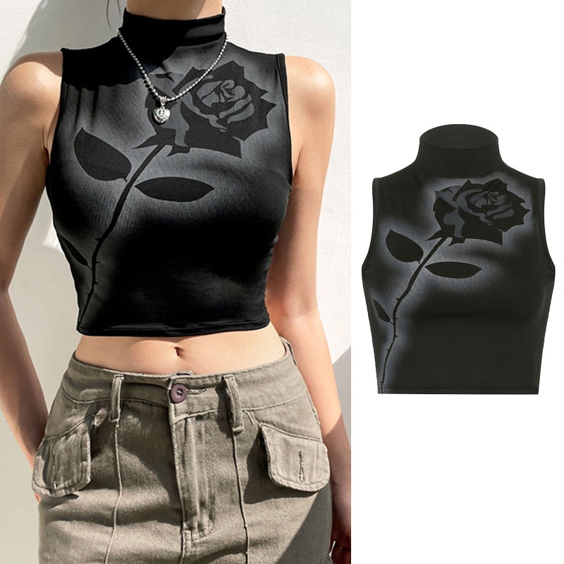 Áo Croptop Không Tay Cổ Lọ In Họa Tiết Hoa Hồng Phong Cách Harajuku Cổ Điển Dành Cho Nữ