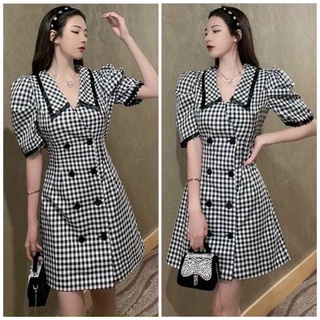 Đầm Váy Caro Đen Cổ Bẻ Hàn Quốc Freesize