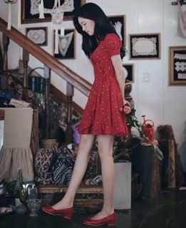 Đầm váy bi đỏ tùng bèo (kèm hình thật)