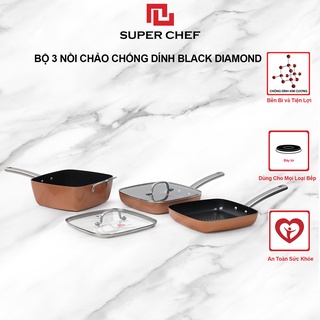 Bộ 3 Nồi Chảo Chống Dính Black Diamond Cao Cấp Bền Hơn 79%, Cứng Hơn 33%