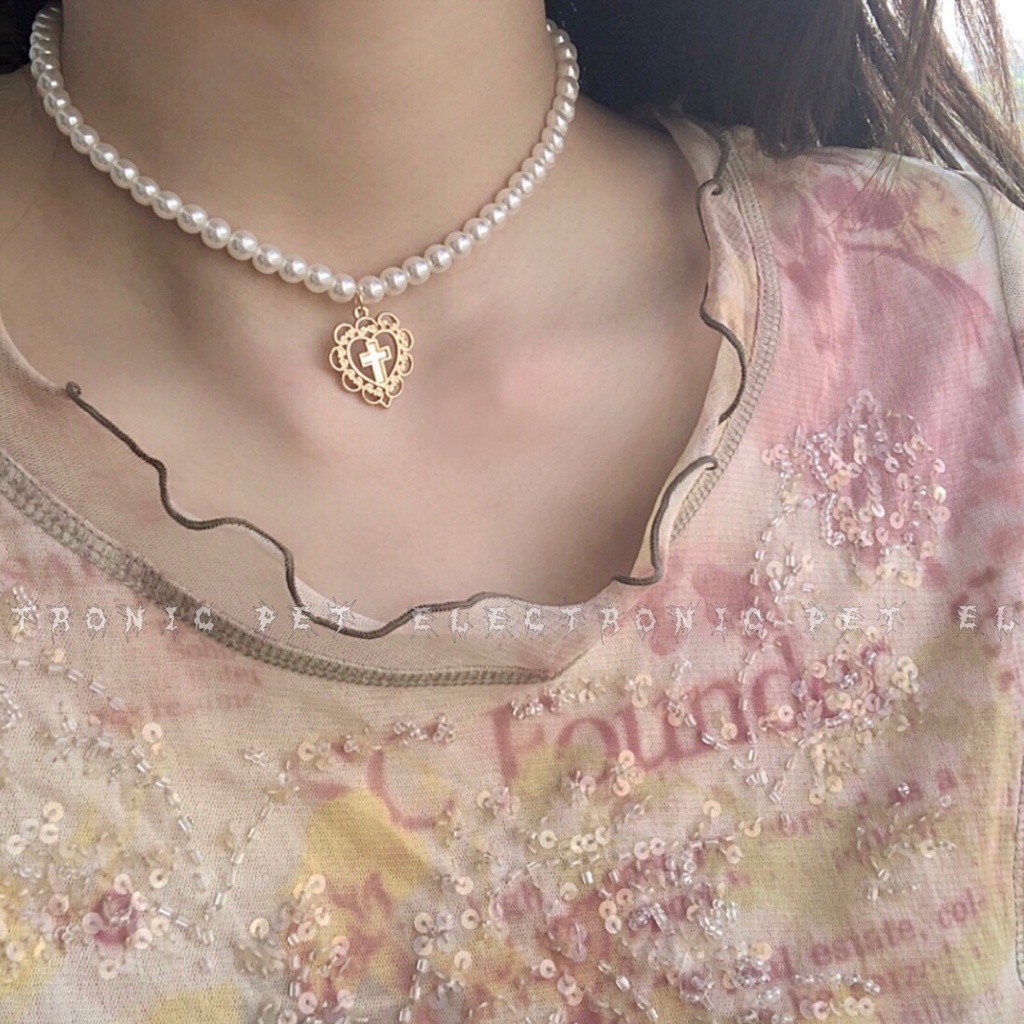 Vòng cổ mặt lồng chữ thập xỏ hạt ngọc trai sang trọng cho nữ