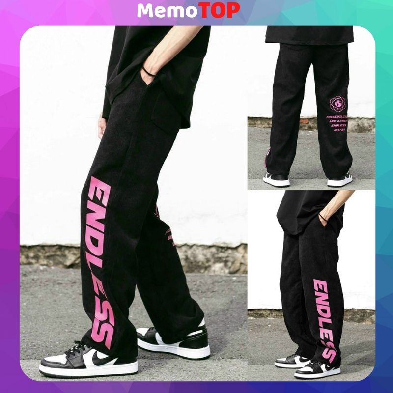 Quần ống rộng nam nữ nhung tăm đen và be kem lưng thun dây rút kiểu hàn quốc MEMOTOP MM19