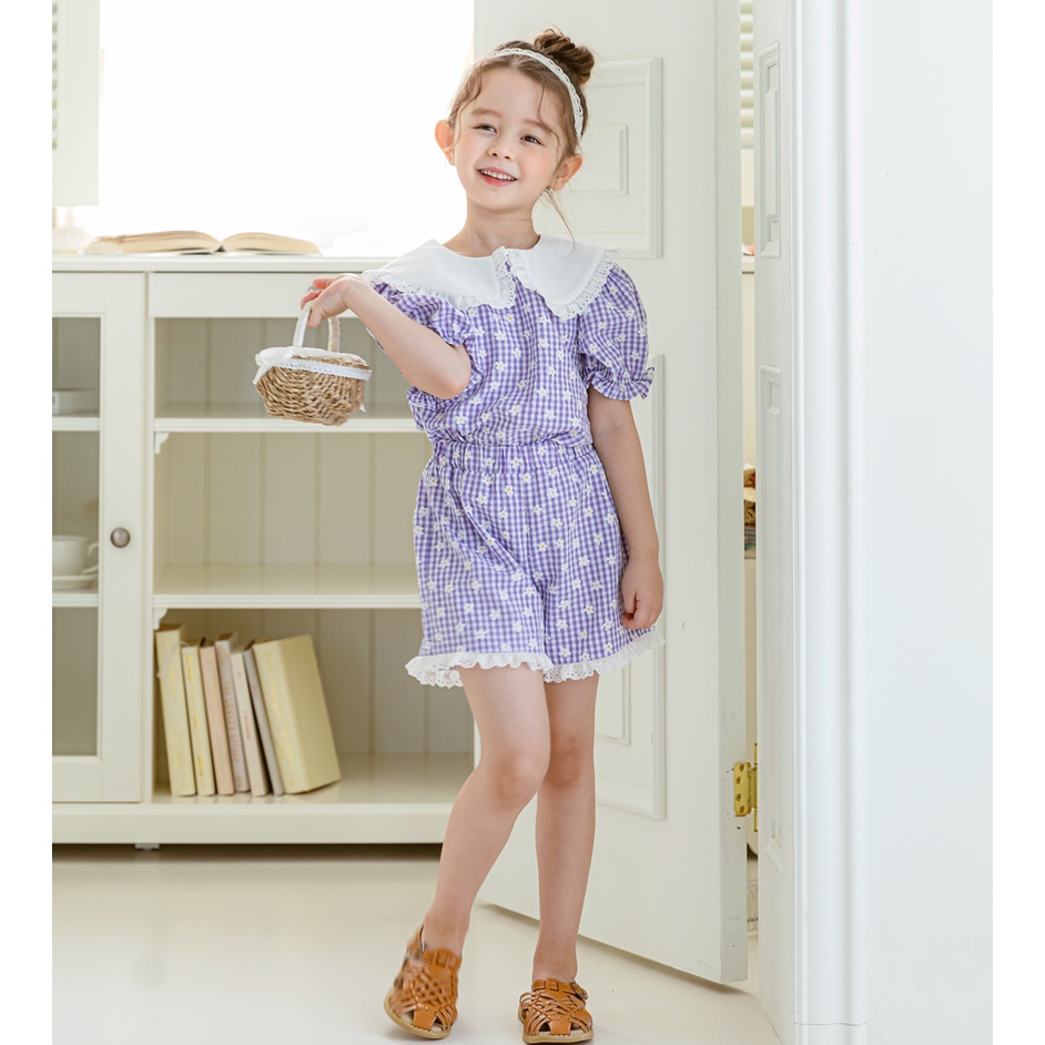Bộ đồ bé gái Bebezoo cộc tay cao cấp _ Caro hoa tím
