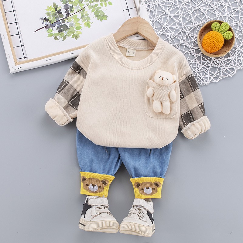 Bộ Áo Thun In Hình Gấu + Quần Jeans Cho Bé Trai
