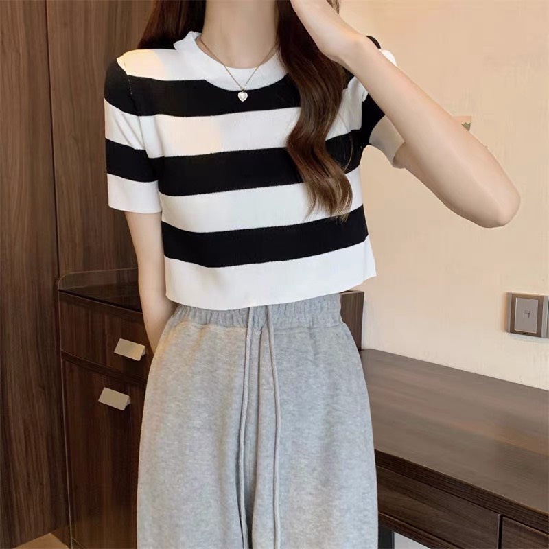 Áo croptop cộc tay kẻ ngang chất len Hàng Quảng Châu loại 1