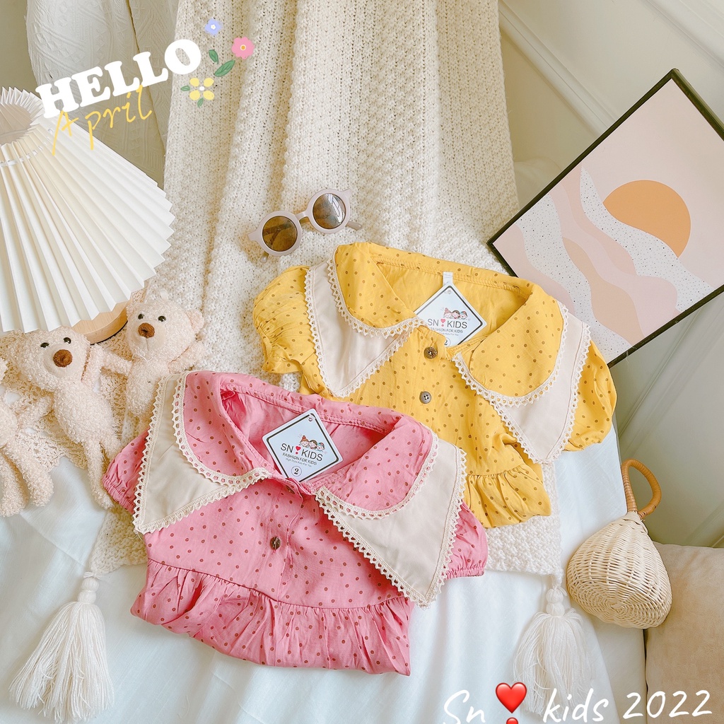 Váy xòe cổ sen bé gái, váy đũi chấm bi cách điệu cổ ren 2 lớp cho bé