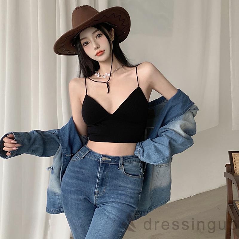 Áo Croptop Hai Dây Cổ Chữ V Sâu Màu Trơn Thời Trang Mùa Hè Cho Nữ