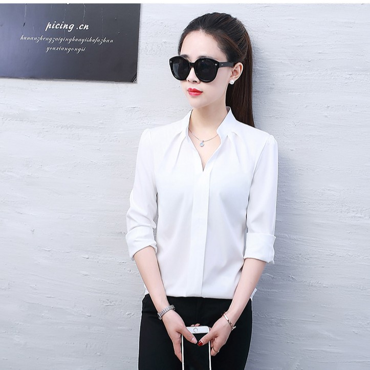 Sơ mi cổ tàu vải mịn đẹp, Sơ mi nữ công sở form rộng SM08