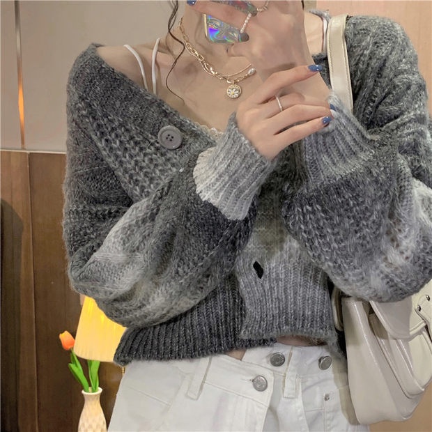 Áo cardigan ZHELIHANGFEI dệt kim tay dài cổ chữ V màu sắc gradient trẻ trung gợi cảm