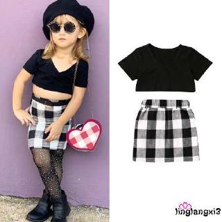 Set Áo Croptop Tay Ngắn+Chân Váy Ngắn Hoạ Tiết Kẻ Sọc Cho Bé Gái