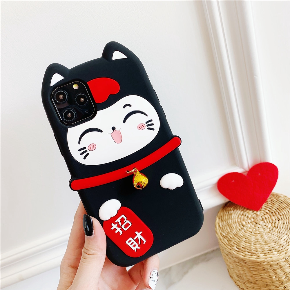 Ốp điện thoại silicon dẻo hình chú mèo may mắn màu đen đỏ cho iPhone  13 Pro Max /12 Pro/iPhone 11 Pro Max XS Max XR X 8 Plus 7 6 6S Plus