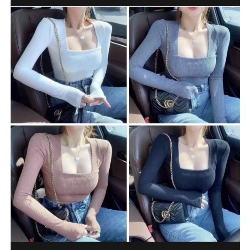 Áo thun gân tay dài body cổ vuông