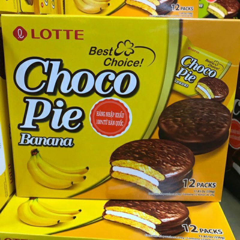 Hộp Bánh Chocopie Lotte Hàn Quốc 3 vị (cacao , chuối , trà xanh) hộp 12 cái