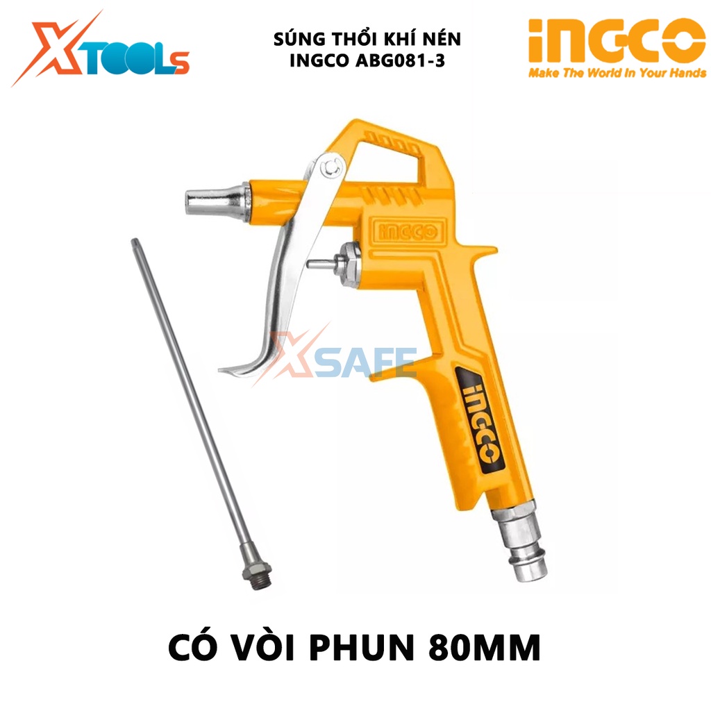 Dụng cụ thổi khí INGCO ABG081-3 | dụng cụ xịt hơi khí nén Chiều dài vòi phun 80mm, Đầu nối xịt khí thổi bụi, mảng cứng