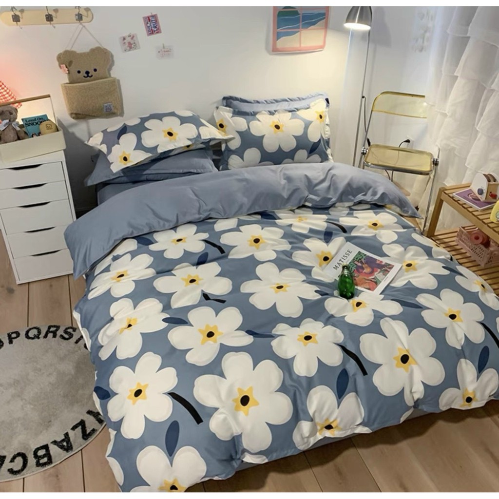 Bộ chăn ga gối cotton poly DAA bedding họa tiết Hoa tone xanh đủ size miễn phí bo chun - Hoa tone xanh