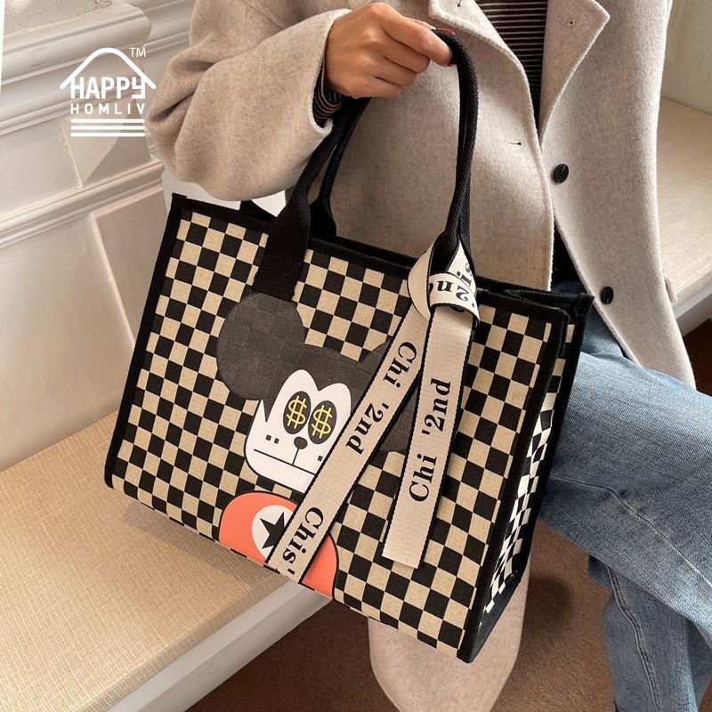 HAPPY HOMLIV Túi Tote Canvas Sức Chứa Lớn 17-Inch Đựng Máy Tính Xách Tay 2022 Họa Tiết Kẻ Sọc Phong Cách Retro Mới Cho Nữ