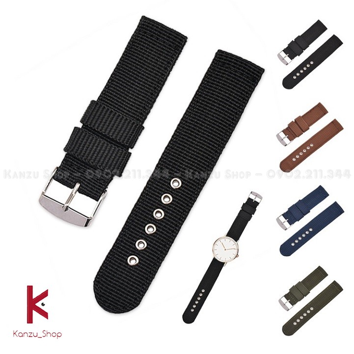 Dây Đồng Hồ Vải Dù Nato Khoen Trắng Size 16mm 18mm 20mm 22mm