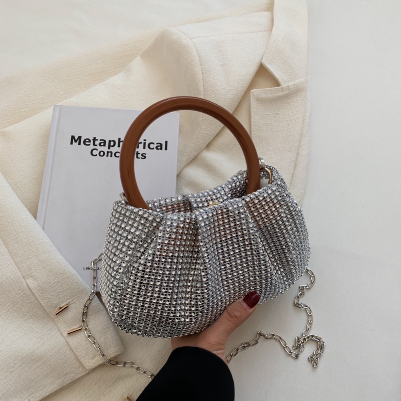 Túi Xách Mini Đeo Vai Hình Đám Mây Xếp Gọn Đính Đá Lấp Lánh Có Tay Cầm Bằng Gỗ Cho Nữ