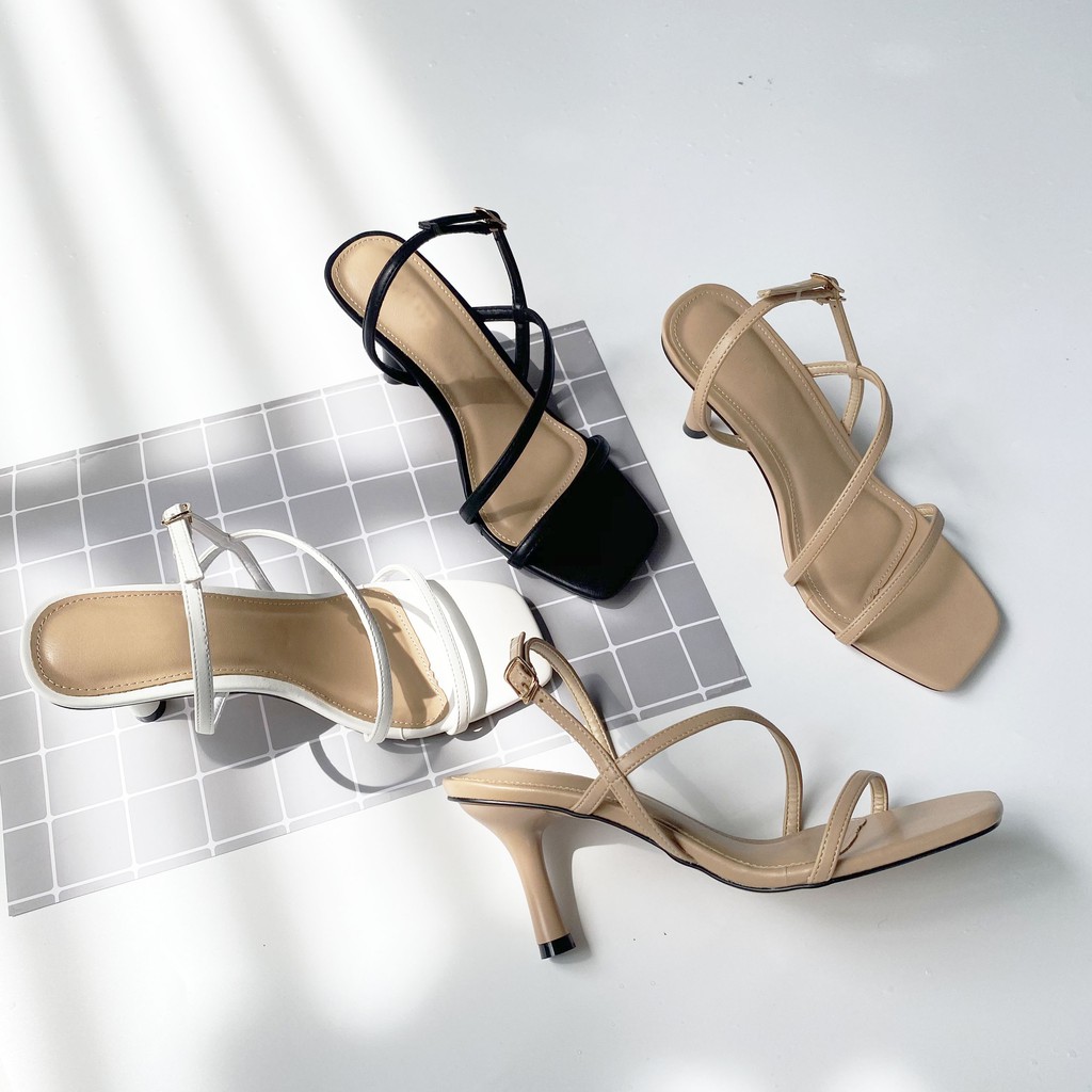 Giày cao gót sandal nữ, nhọn 7cm, mũi vuông, quai dây mảnh phù hợp công sở, dự tiệc, hàng ngày S165