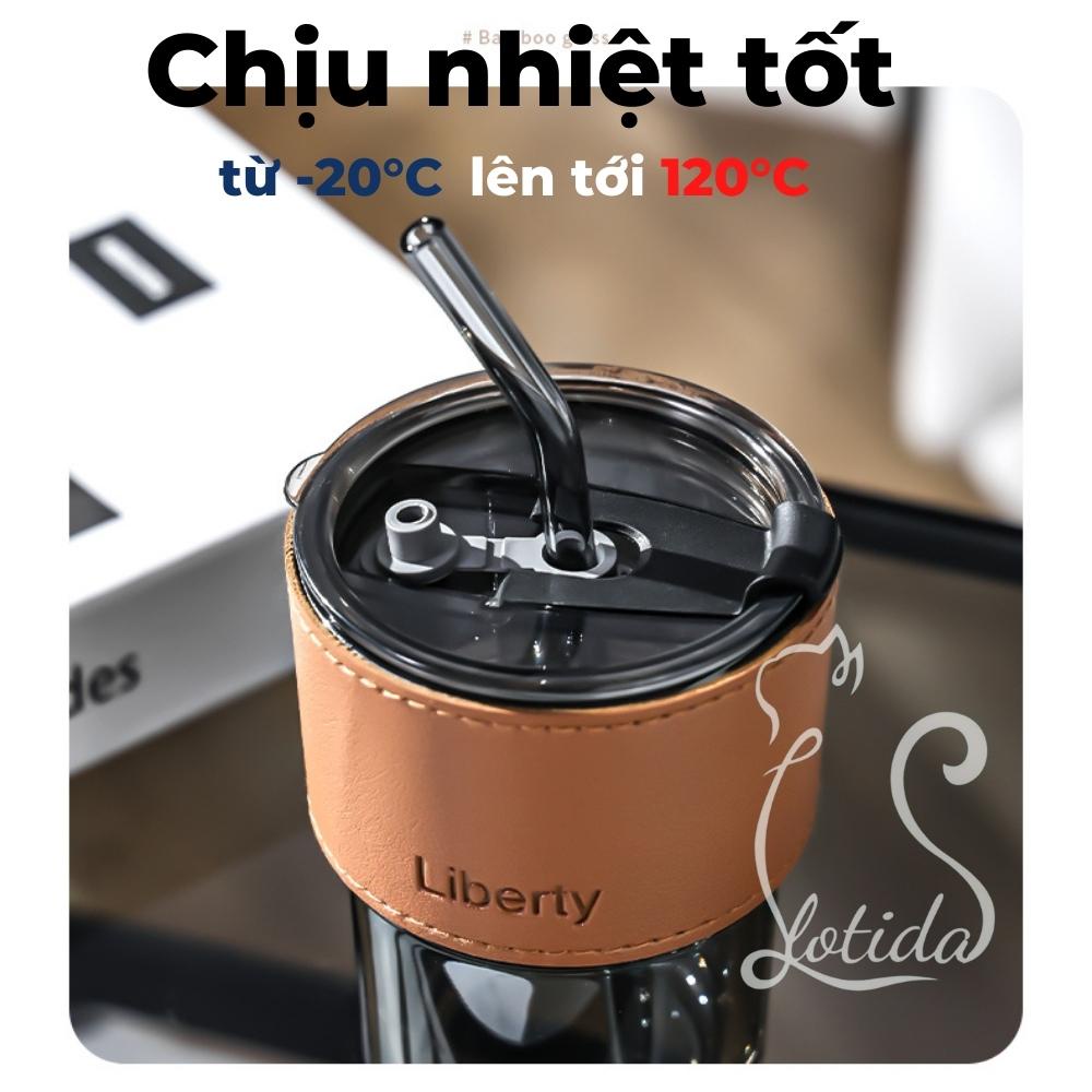 Ly uống nước thuỷ tinh bọc da màu hổ phách có nắp kèm ống hút dễ thương 450ML,Cốc thuỷ tinh cute uống cà phê LOTIDA