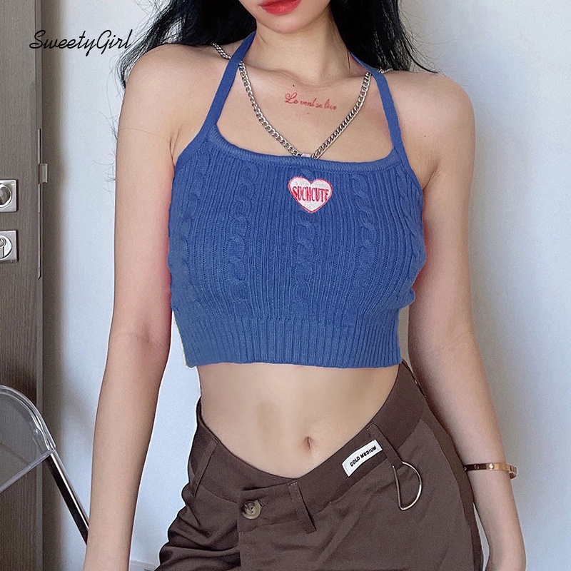 Áo hai dây dệt kim dáng ôm thêu họa tiết trái tim phối dây xích kim loại thời trang cho nữ