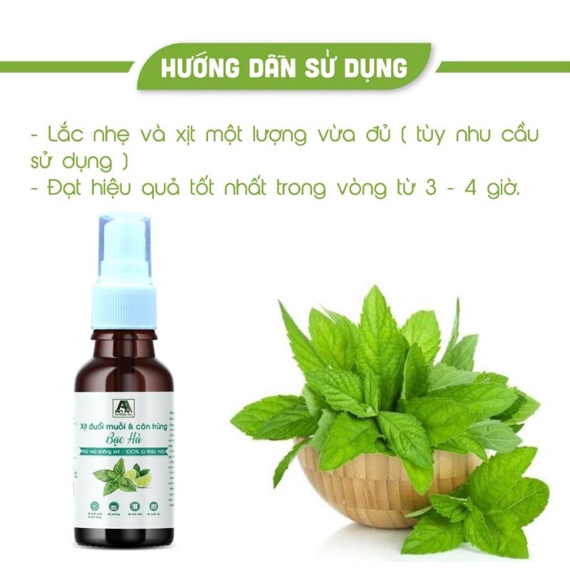 Xịt đuổi muỗi và côn trùng hương Bạc Hà chai 50ml chiết xuất từ thực vật hữu cơ, Thảo Mộc An An