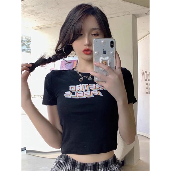 Áo Croptop Body Tay Ngắn In Chữ RETRO FEELS Ảnh Thật