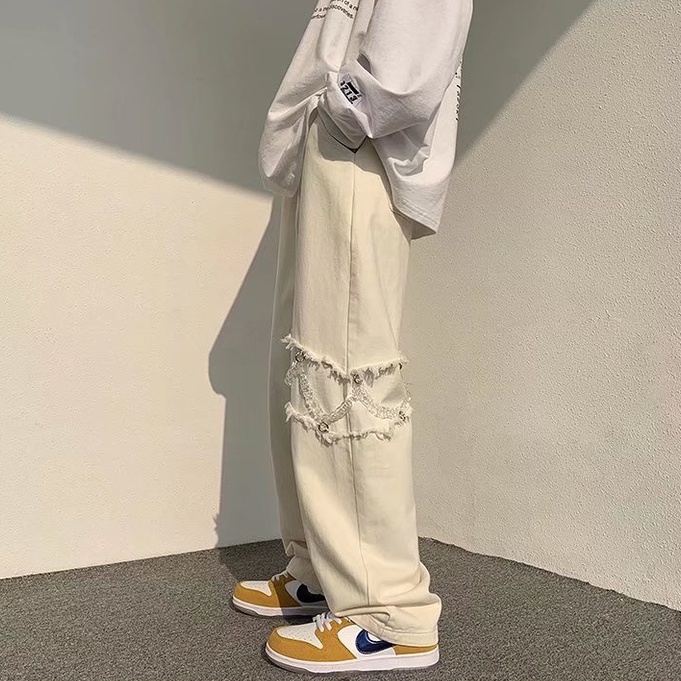 Tính cách xích quần ống rộng unisex quần dài nam harajuku quần ống suông fashion quần baggy