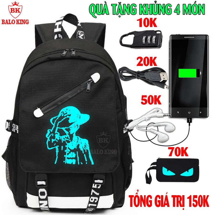 Balo nam nữ đi học Luffy phát sáng dạ quang Baloking TẶNG (Cáp USB+Khóa số+Tainghe+Ví) - Cặp đi học HOT nhất 2021