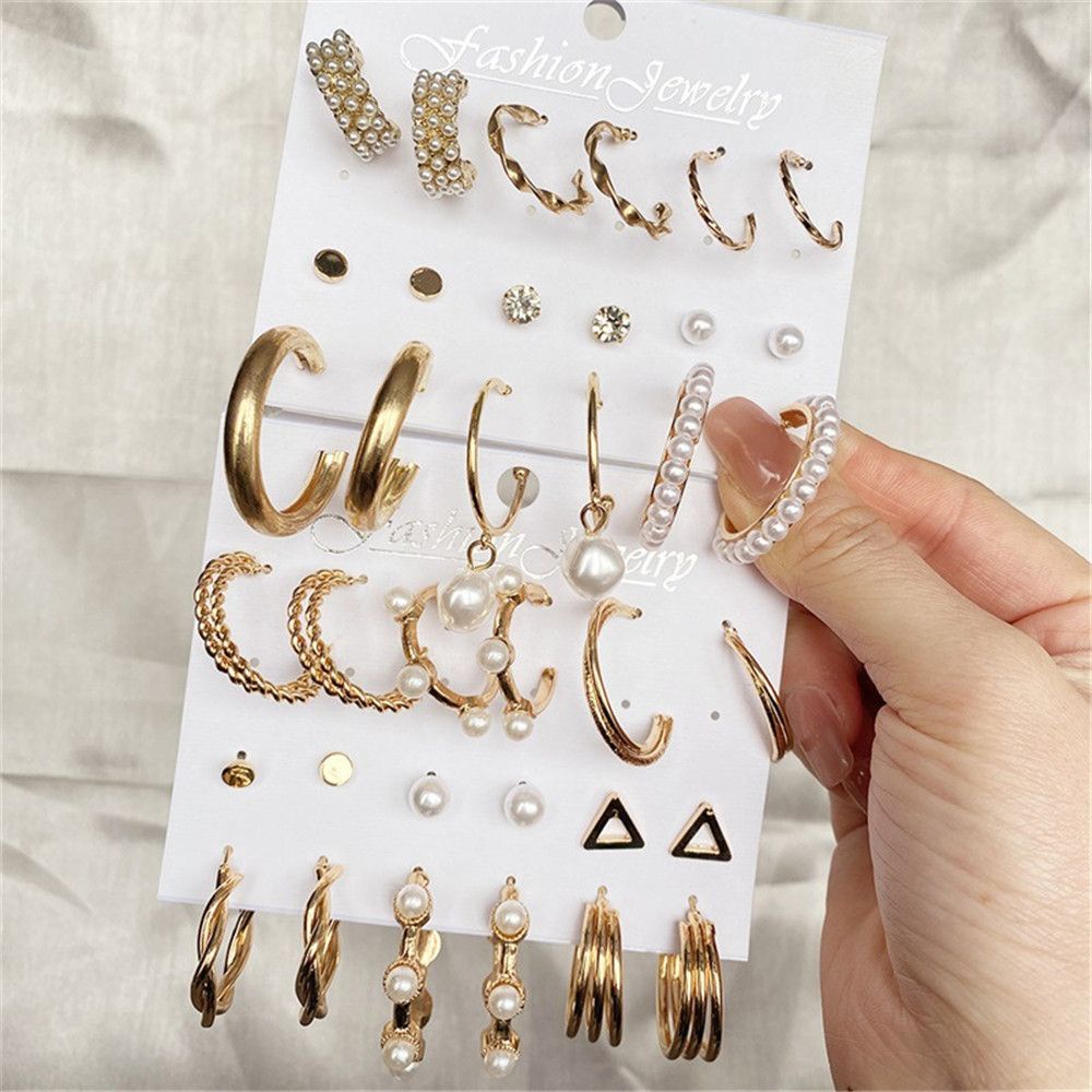 Bộ Khuyên Tai Kim Loại Hình Tròn Đính Ngọc Trai Thời Trang Cho Nữ Mihan1