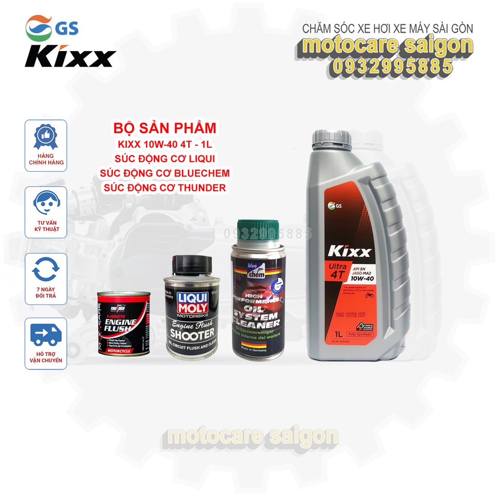 COMBO Nhớt Kixx Ultra 10W40 SN 1L và dung dịch súc động cơ Thunder liqui hoặc bluechem