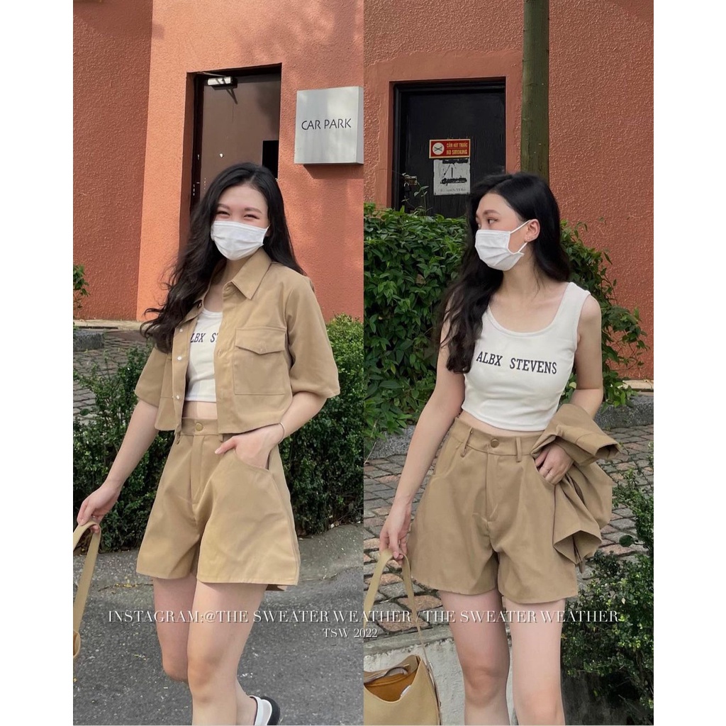 : Sét 3 Món KAKI❤️FREESHIP💖 mix quần sooc 2 màu, Set bộ kaki 3 món kèm áo 3 lỗ cá tính
