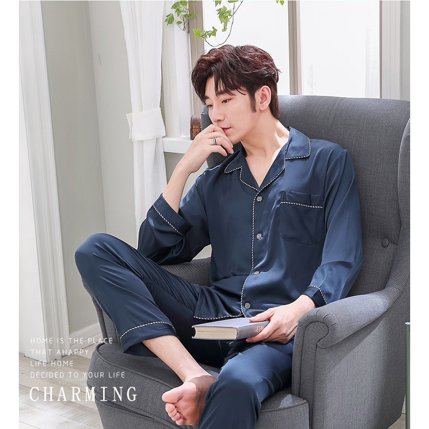 NG9372 - HÀNG SẴN Bộ mặc nhà pyjama nam dài tay chất lụa cao cấp mềm mại hàng nhập