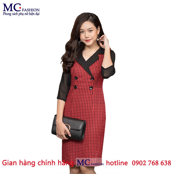 Đầm Dự Tiệc Đẹp Kiểu Váy Công Sở Đẹp, Tay Lỡ Lửng, Kẻ Caro, Màu Đỏ Mc Fashion Tv533