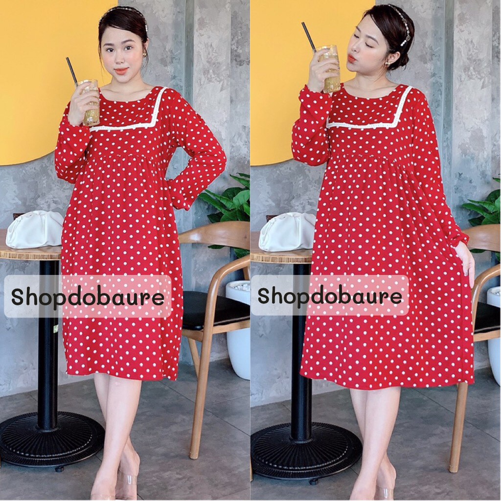 Váy bầu tiểu thư dài tay chấm bi THU ĐÔNG - 𝐕𝟕𝟓