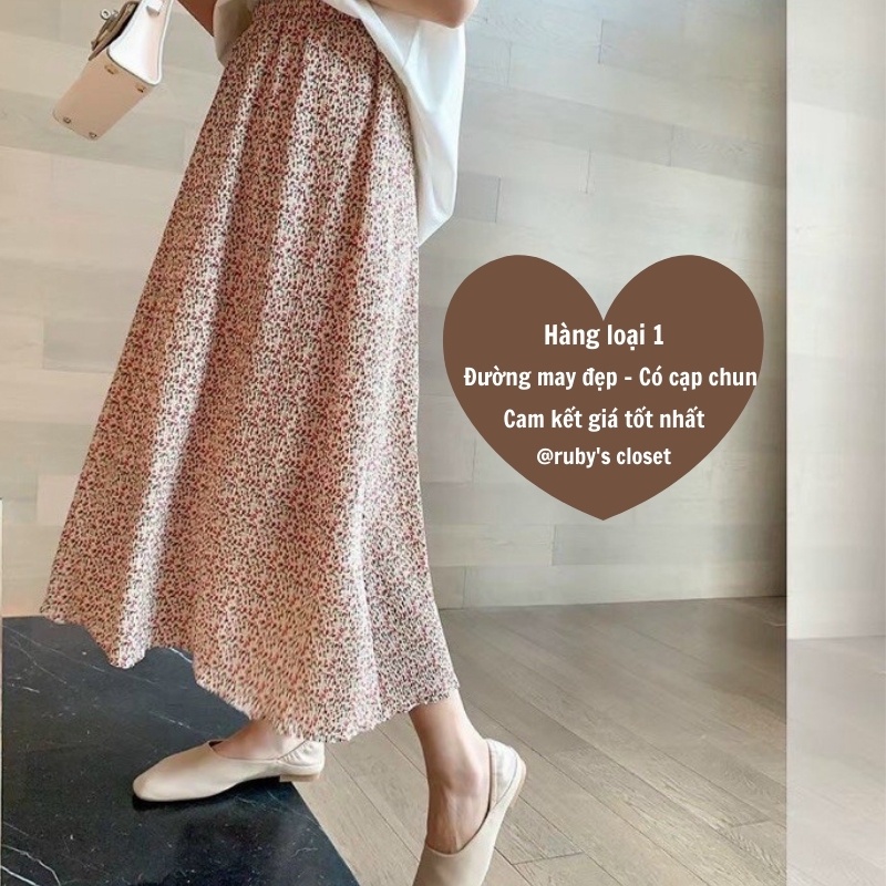 Chân váy midi xếp ly dài qua gối, Chân váy hoa nhí nhăn chất cực đẹp